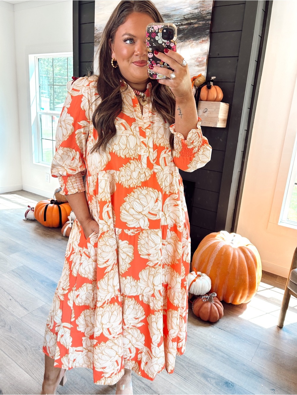NWT Mary Square Eleanor Fall Floral Midi Dress Orange Multi Size 2XL